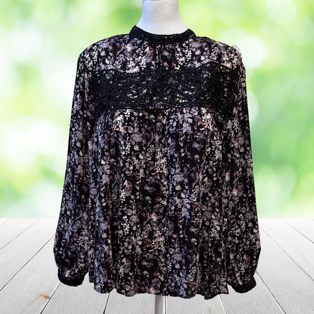 CATO Blouse Dark Floral Babydoll Crochet Lace Whimsigoth Black Purple Plus 3X - Picture 13 of 13